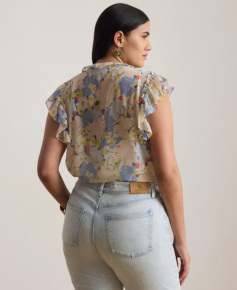 Lauren Ralph Plus Floral Ruffle-Trim Georgette Shirt