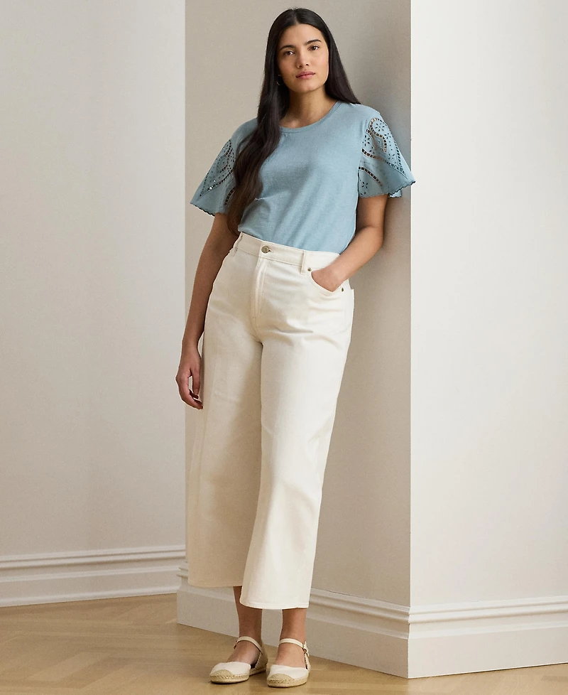 Lauren Ralph Plus Eyelet Jersey & Broadcloth Top