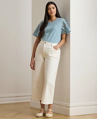 Lauren Ralph Plus Eyelet Jersey & Broadcloth Top
