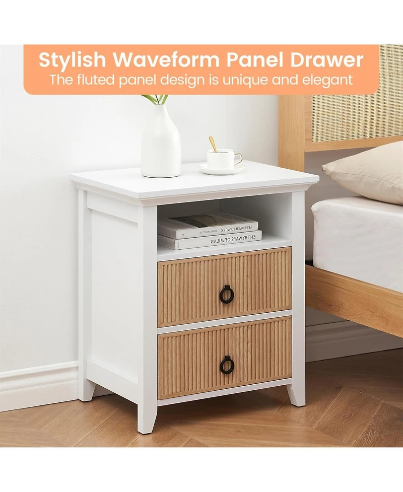 gaomon Wooden Nightstand with 2 Drawers and Open Shelf Ripple Pattern Bedside Table with Fluted Design Suitable End Side Table for Bedroom Living Room