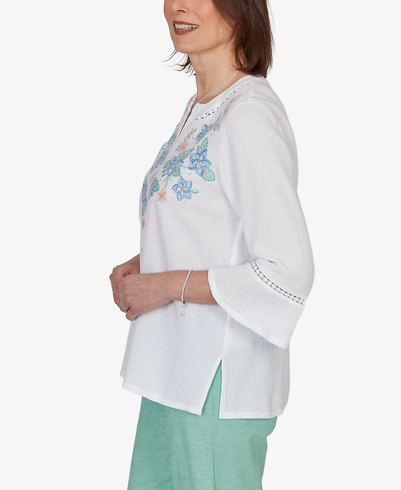 Alfred Dunner Women's Caribbean Blues Tropical Floral Split Neck Embroidered Top