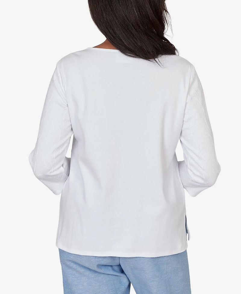 Alfred Dunner Women's Caribbean Blues Embroidered Dragonfly Floral Top