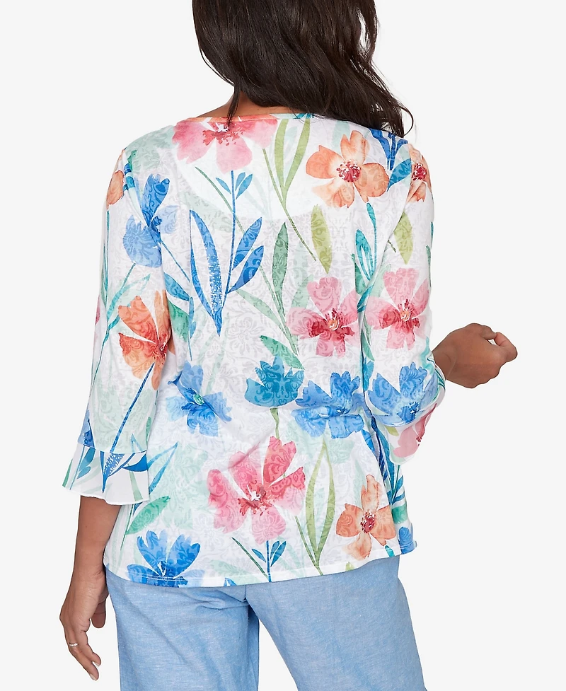 Alfred Dunner Petite Caribbean Blues Whimsical Flower Bell Sleeve Top