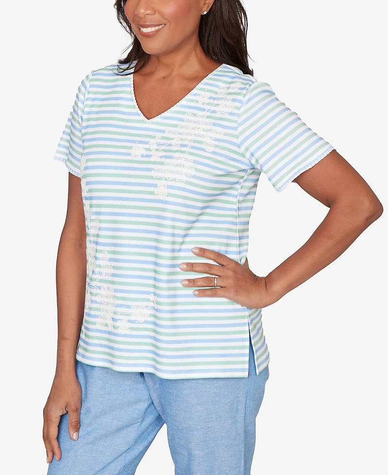 Alfred Dunner Petite Caribbean Blues Highlight Flower Striped T-shirt