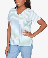 Alfred Dunner Petite Caribbean Blues Highlight Flower Striped T-shirt