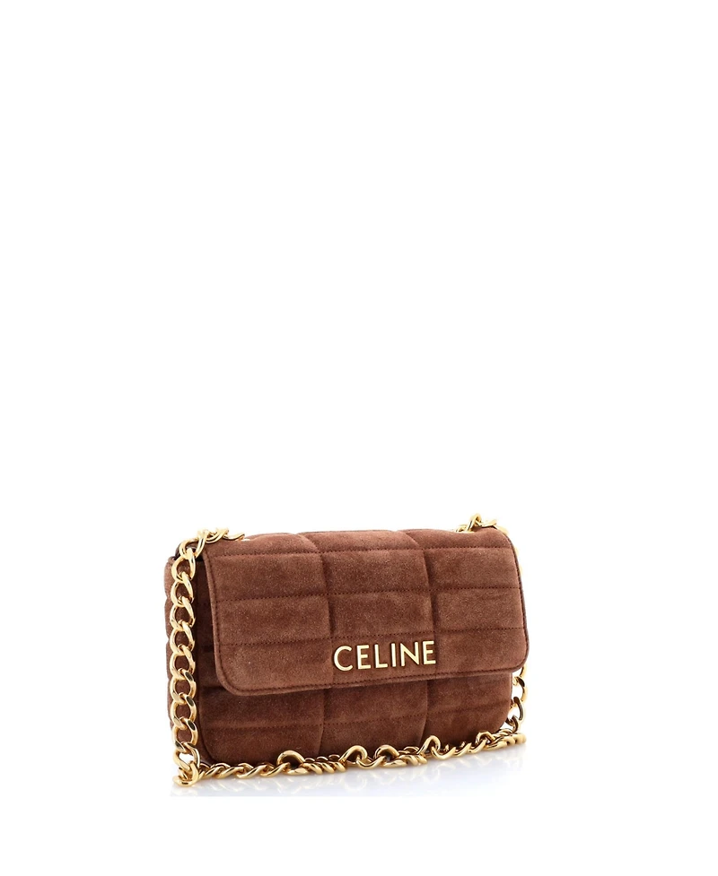 Pre-Owned Celine Small Logo Chain Flap Bag Quilted Suede