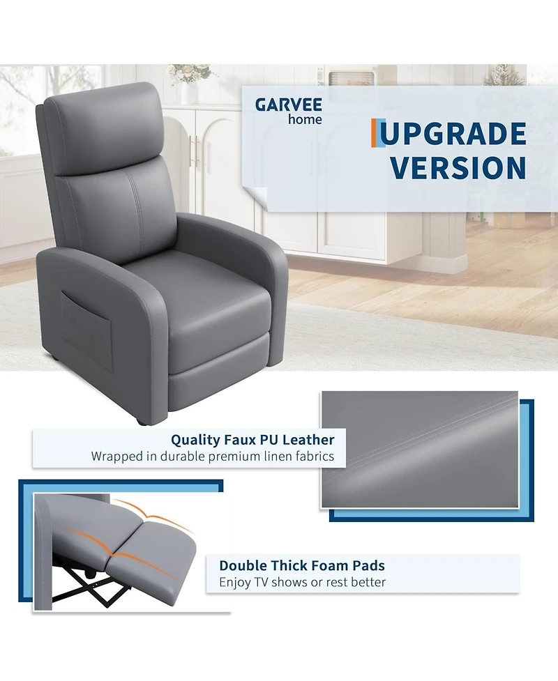 gaomon Recliner Chair Leather Adjustable Ergonomic Push Back Single Sofa with Side Pocket for Living Room