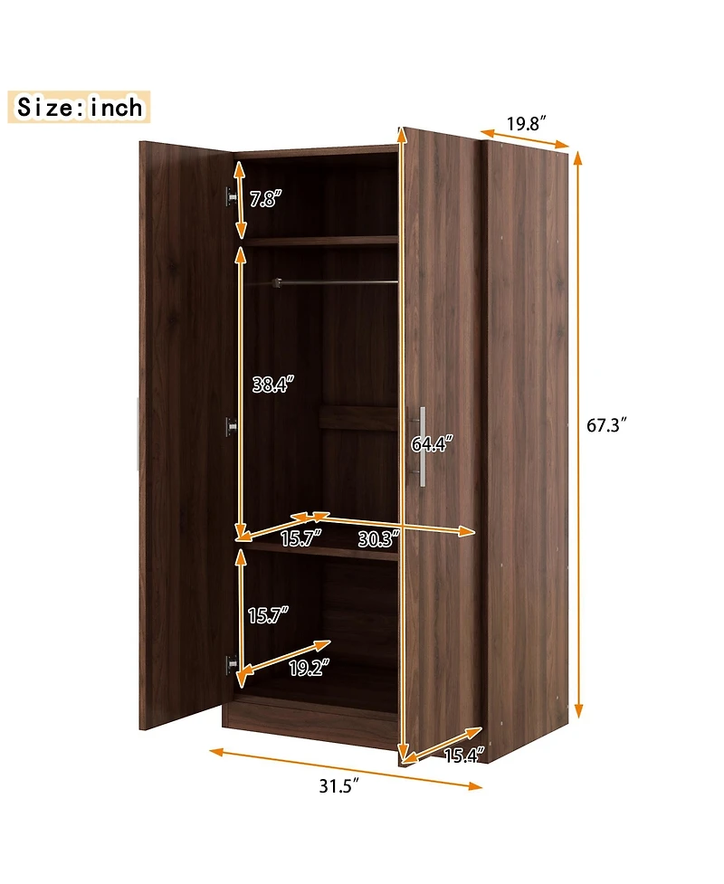 flynama 2 Door Wooden Wardrobe Armoire with 3 Storage Shelves Brown Clothing Storage Cabinet for Bedroom and Guest Room