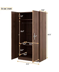 flynama 2 Door Wooden Wardrobe Armoire with 3 Storage Shelves Brown Clothing Storage Cabinet for Bedroom and Guest Room