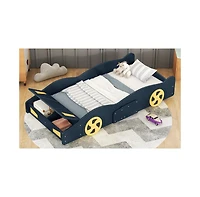 flynama Race Car Shaped Platform Bed Dark Wheels Storage Pine Wood