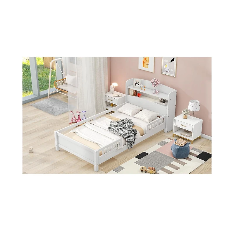 flynama Wood Platform Bed Led Light Storage Headboard Guardrail Pine Wood