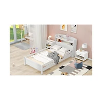 flynama Wood Platform Bed Led Light Storage Headboard Guardrail Pine Wood