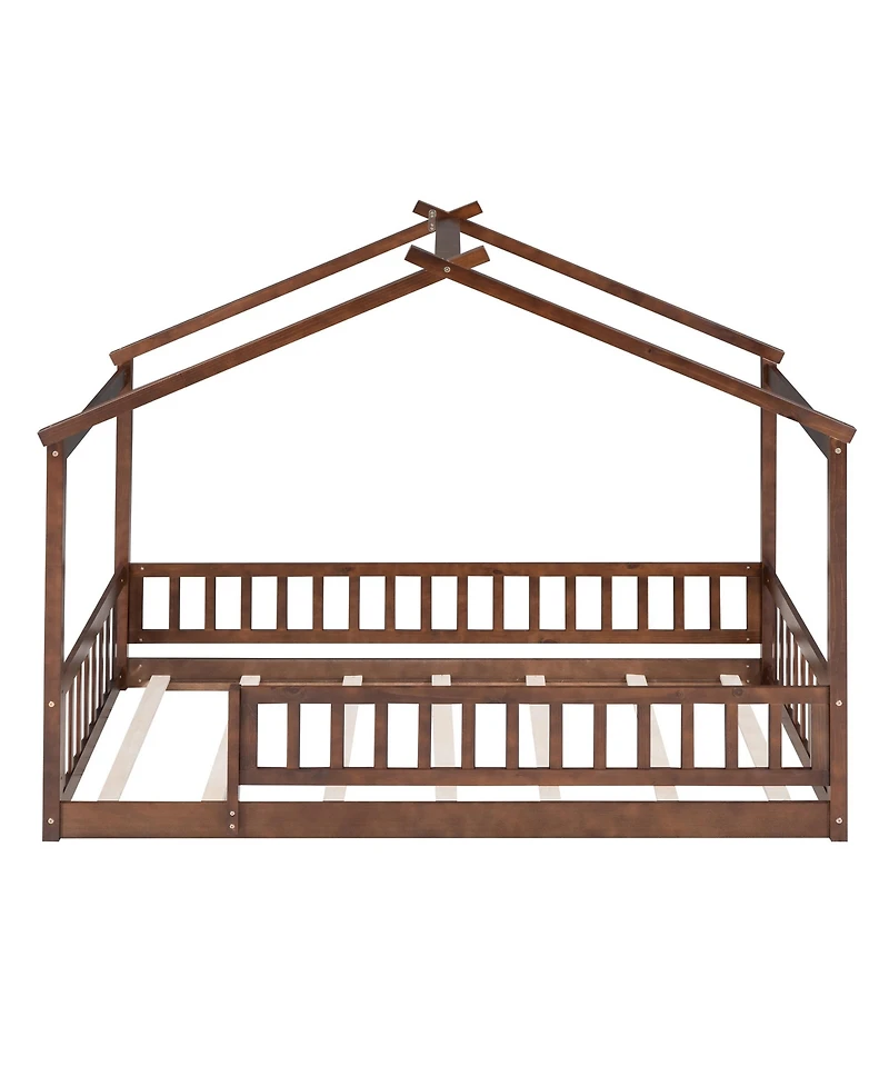 flynama Wood House Bed Walnut Roof Fence Pine Wood Frame 7 Slats Kids Teens