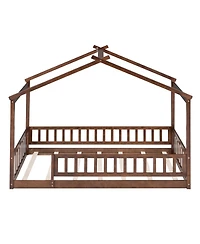 flynama Wood House Bed Walnut Roof Fence Pine Wood Frame 7 Slats Kids Teens