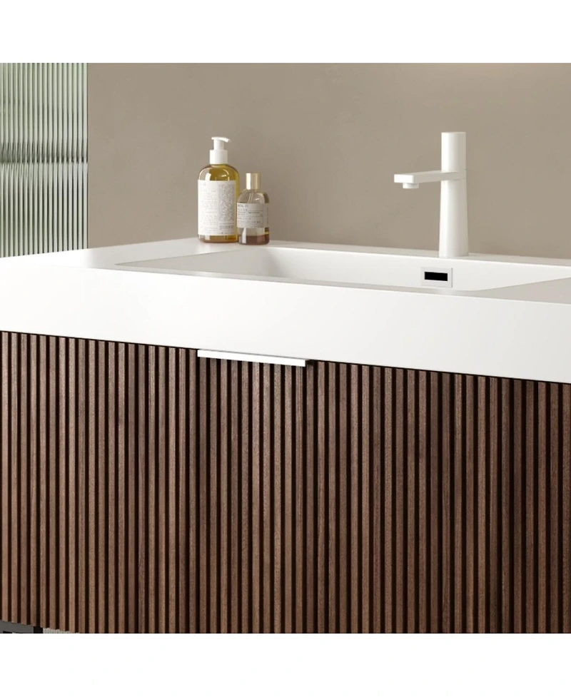 Thirtypeachy 36" Retro Deep Walnut Plywood Freestanding Bathroom Vanity Cabinet, No Basin, 1 Full-Extension Drawer And Open Towel Shelf