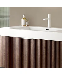 Thirtypeachy 36" Retro Deep Walnut Plywood Freestanding Bathroom Vanity Cabinet, No Basin, 1 Full-Extension Drawer And Open Towel Shelf