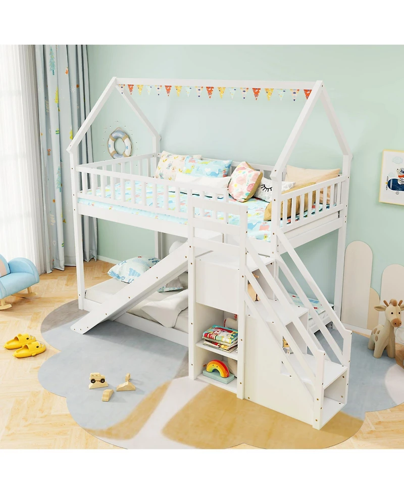 Sugift Twin Over Twin Bunk Bed with Slide and Staircase