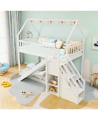 Sugift Twin Over Twin Bunk Bed with Slide and Staircase