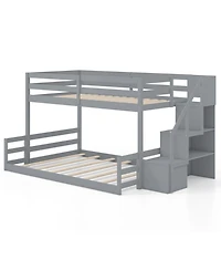 Sugift Solid Wood Twin Over Full Low Bunk Bed with Storage Stairs
