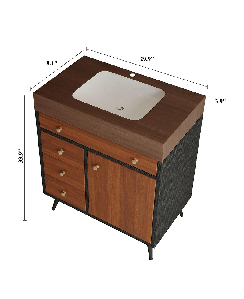 Sillysis 29.9" Freestanding Bathroom Vanity with Stone Gray Sintered Top, Ceramic Sink, Soft Close Drawers & Storage Cabinet