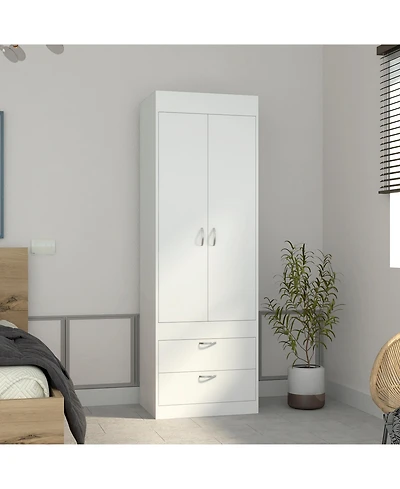 flynama Armoire 70 Inch High Double Door Cabinet with Two Drawers Metal Handles and Hanging Rod