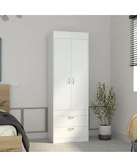 flynama Armoire 70 Inch High Double Door Cabinet with Two Drawers Metal Handles and Hanging Rod