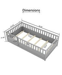 flynama Montessori Wooden Floor Bed With Support Slat High Barrier And Door For Kids