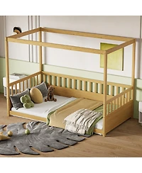 flynama Wooden Canopy Floor Bed With Guardrails Four Poster Design For Kids