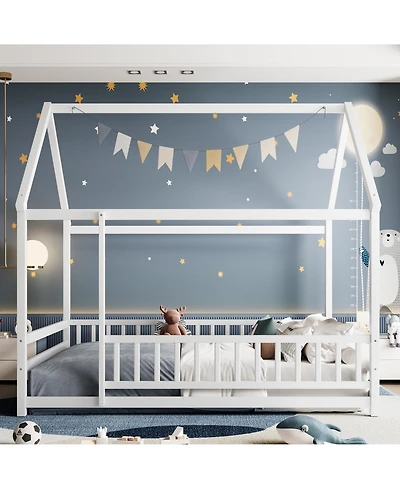 flynama Wooden Floor Bed With House Roof Frame And Fence Guardrails For Kids