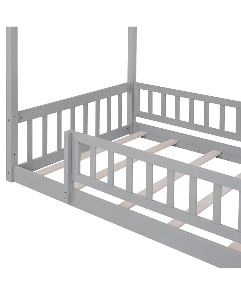 flynama Wood House Bed Roof Fence Pine Wood Frame 7 Slats Kids Teens