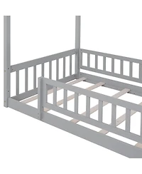 flynama Wood House Bed Roof Fence Pine Wood Frame 7 Slats Kids Teens