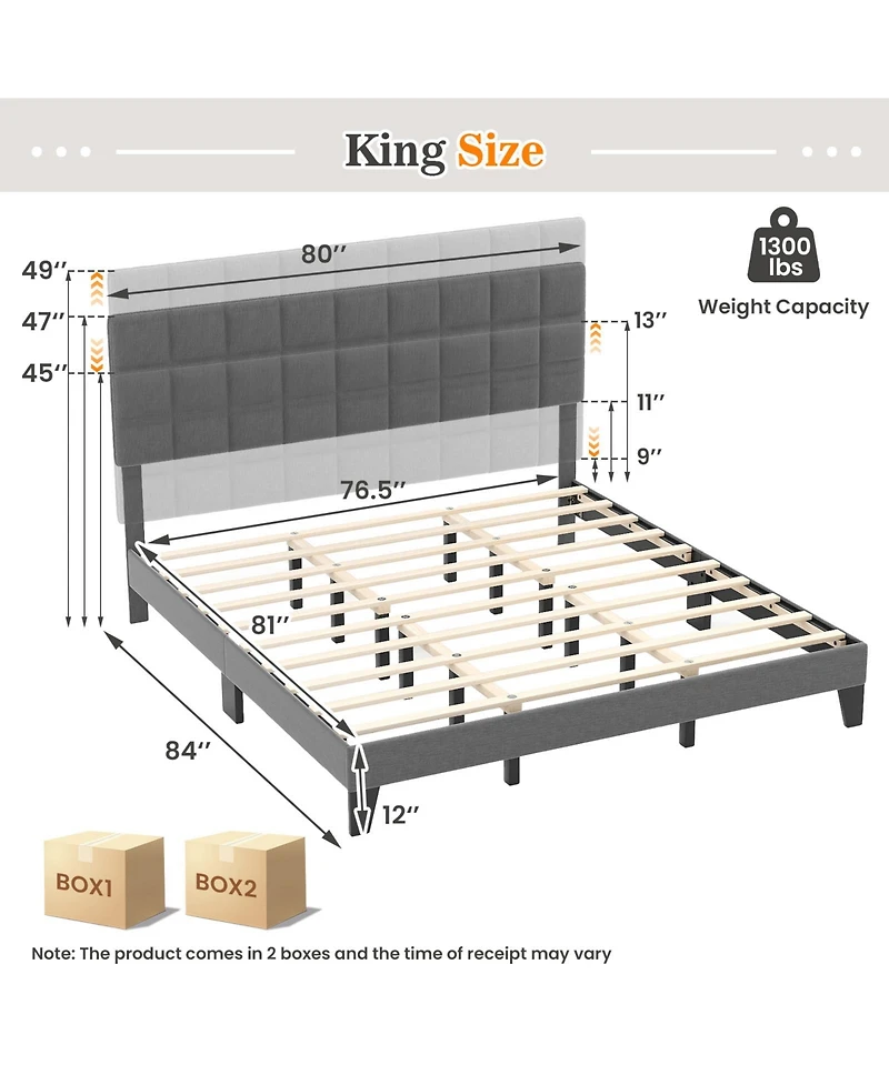 Sugift King Size Modern Linen Bed Frame with Adjustable Headboard