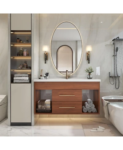 Sillysis 35.4" Mid-Century Wall Mounted Bathroom Vanity with Integrated Ceramic Sink, Walnut Solid Wood, Soft Close Drawers, Open Shelves