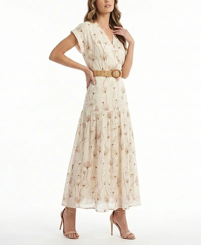 Taylor Women's Embroidered V-Neck Belted Dress