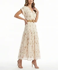 Taylor Women's Embroidered V-Neck Belted Dress