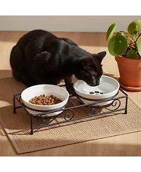 Aronkl Ceramic Pet Bowl Set with Metal Stand Paw Print Design Dishwasher Safe