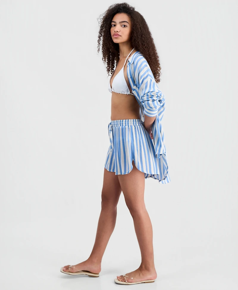 Miken Juniors' Striped Crinkle Gauze Cover-Up Dolphin Shorts, Macy's Exclusive