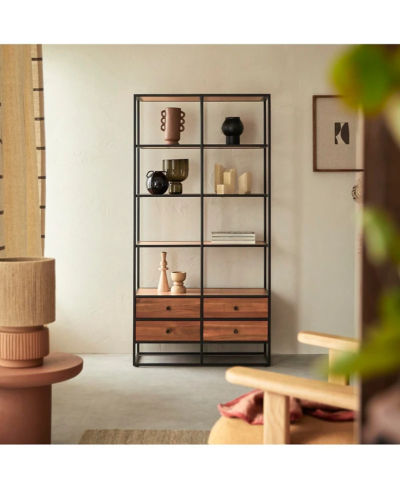 Tikamoon Acacia Wood and Metal Bookcase 175 cm