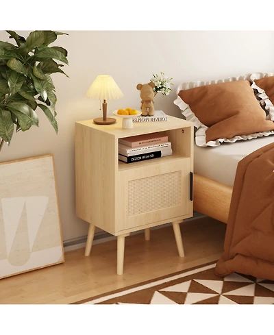 Flynama Stylish Rattan Nightstand with Storage Space Oak Finish Bedroom Living Room Storage Table