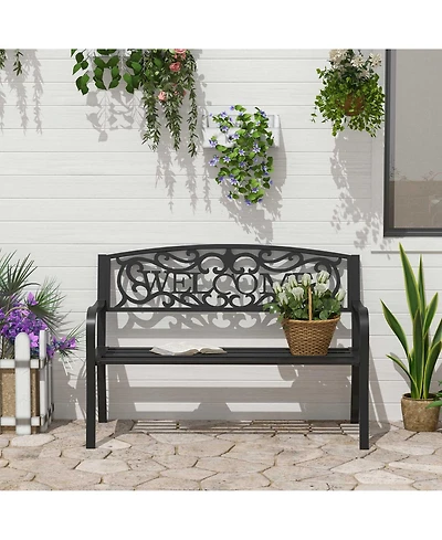Clihome Outdoor Metal Bench, Garden Bench with Slatted Seat, Patio Bench
