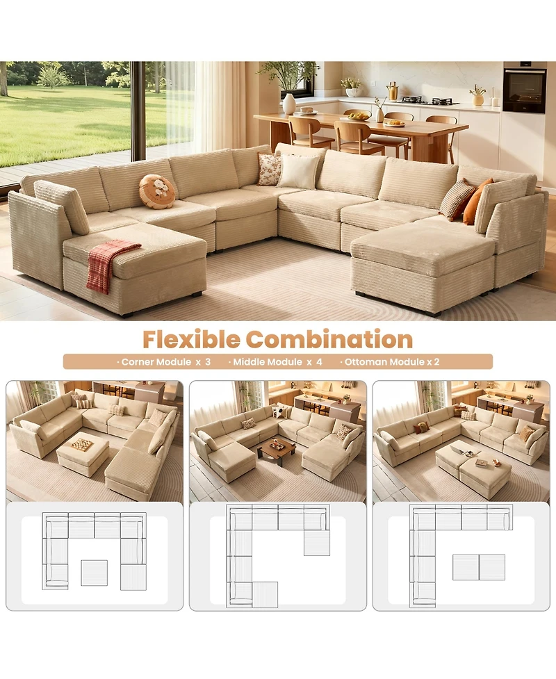 Xizzi 9-Piece Modular Sectional Sofa Couch with Chaise Ottomans, Comfy Plush Corduroy Cloud Couches, Modern Deep Seat Sofas Set for Living Room