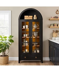 Xizzi Arched Glass Door Sideboard Cabinet, 71” Tall Wood Display Cabinet with Drawer and Invisible Lock, Bookshelf for Living Room, Office, Ent