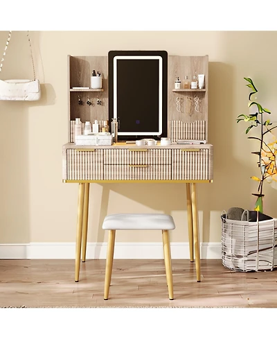 Flynama Modern Standard Led Vanity Table with Basic Mirror Natural Wood and Cushioned Stool Makeup