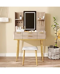 Flynama Modern Standard Led Vanity Table with Basic Mirror Natural Wood and Cushioned Stool Makeup