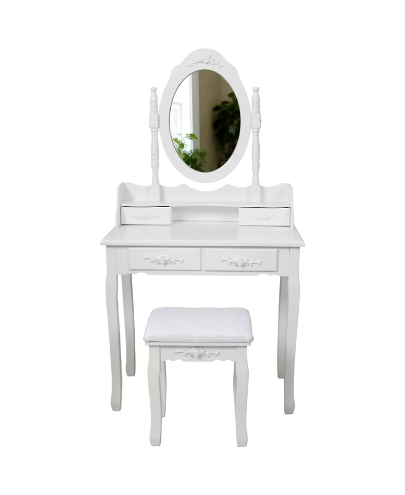 Flynama Princess Vanity Desk Set with 360 Rotating Mirror Cushioned Stool 4 Drawer Wooden Makeup Table for Girls Bedroom