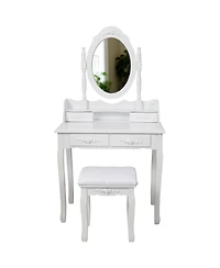 Flynama Princess Vanity Desk Set with 360 Rotating Mirror Cushioned Stool 4 Drawer Wooden Makeup Table for Girls Bedroom