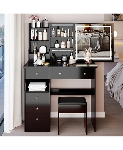 Flynama Contemporary Medium Tri Color Vanity Table with Left Drawer Mirror and Cushioned Stool
