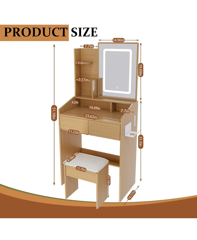 Flynama Space Saving Small Led Vanity Table with Basic Standard Mirror Classic and Cushioned Stool
