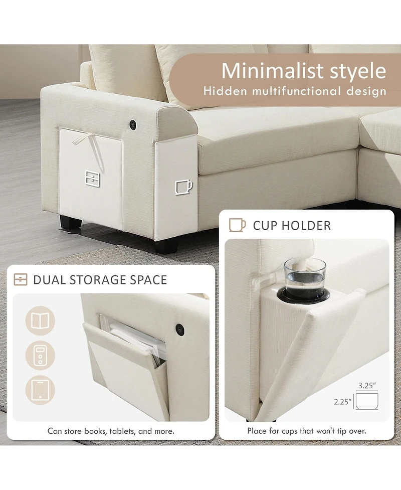 Clihome" U Shaped Sectional Sofa,6 Seat Chenille Couch Set with Oversized Ottoman,Hidden Armrest Storage and Cup Holders