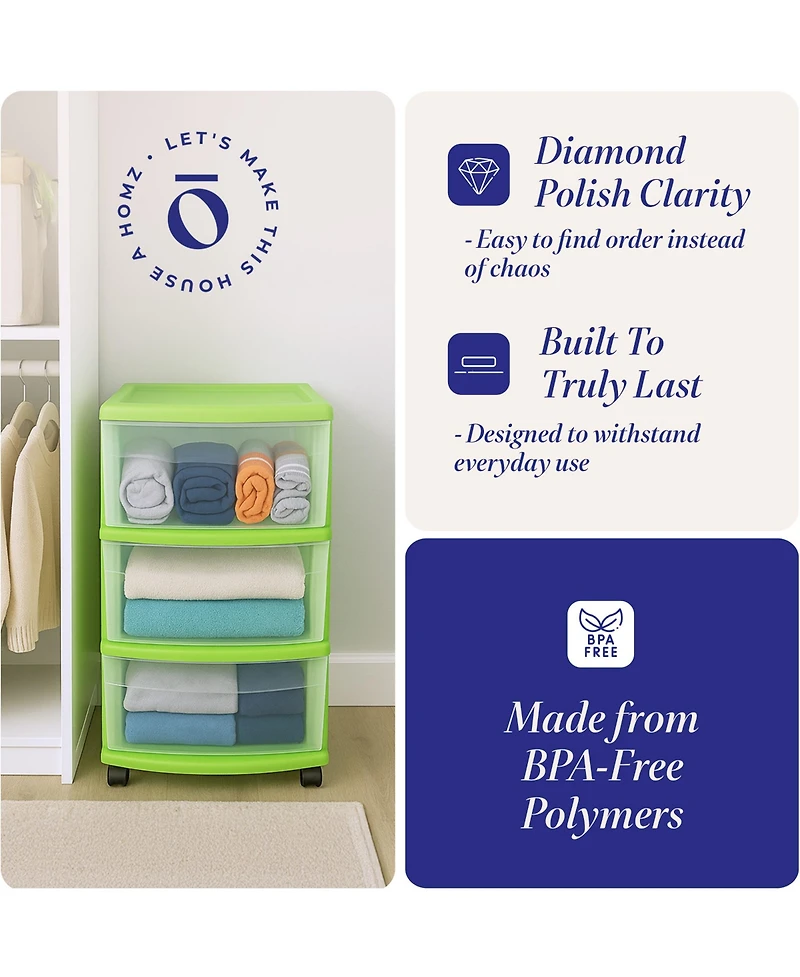 Homz Plastic 3 Drawer Medium Storage Container Tower, Clear Drawers/Lime Frame